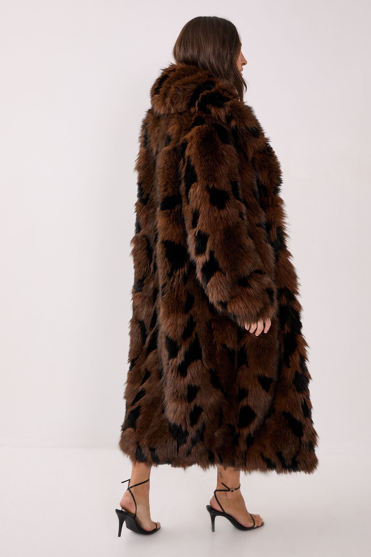 NastyGal Premium Textured Collared Faux Fur Longline Coat Brown image 4