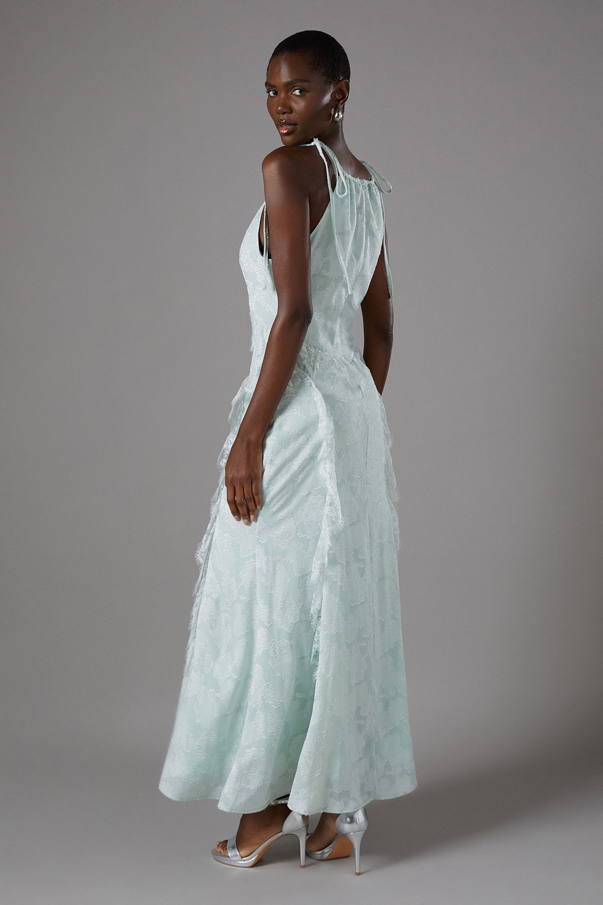 Coast Jacquard Halter Neck Sleeveless Frill Maxi Holiday Dress Mint image 3
