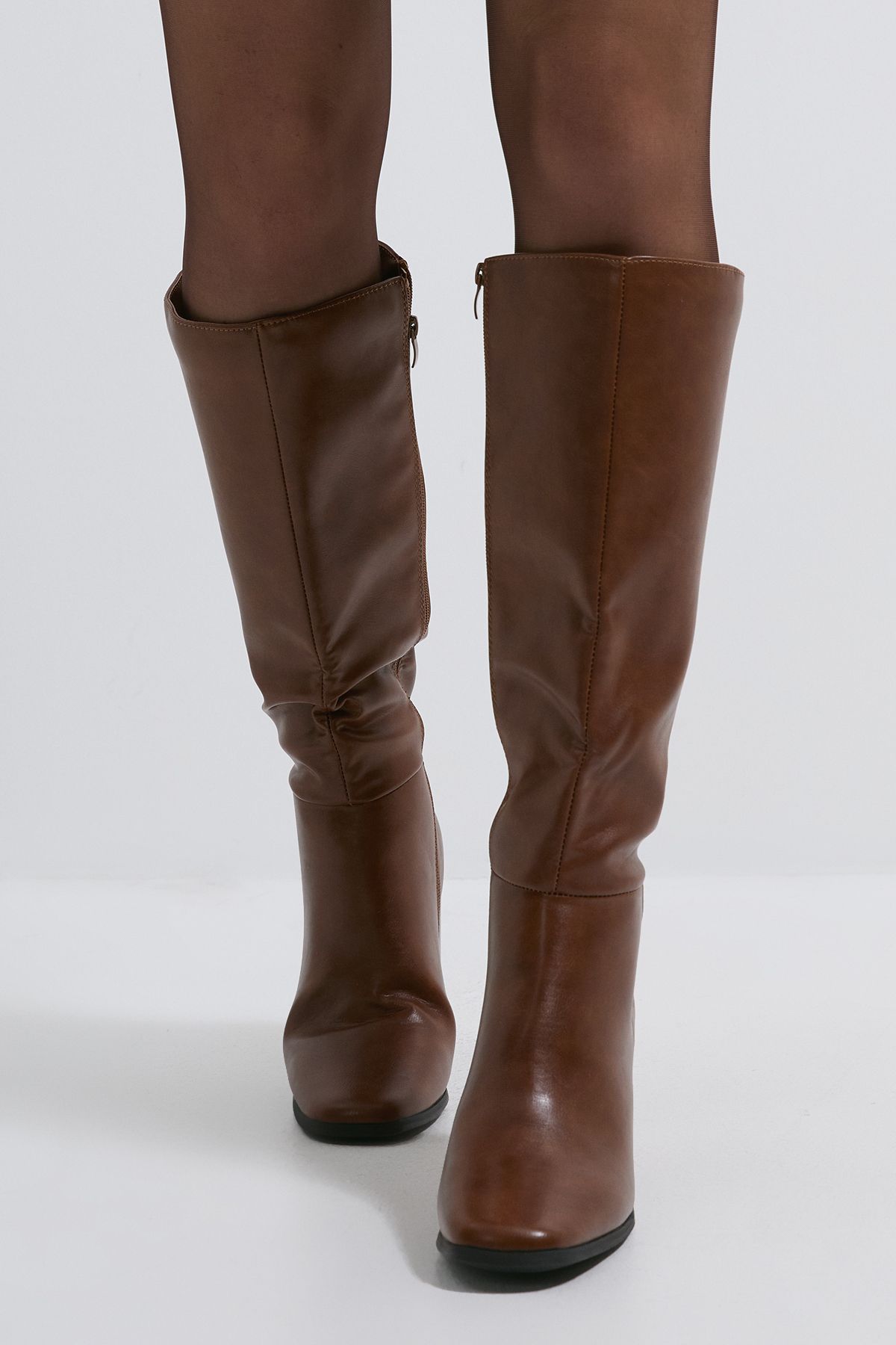 Dorothy Perkins Kristen Faux Leather Square Toe High Heel Knee Boots Dark Tan image 2