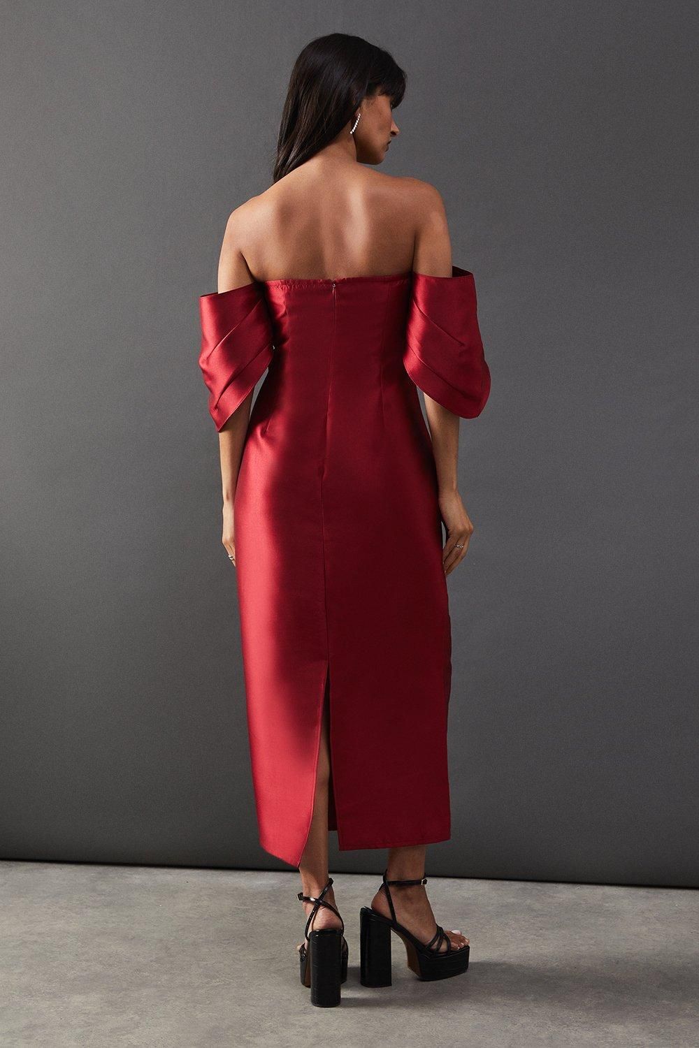 Warehouse Structured Puff Sleeve Bardot Midi Dress Dark Red image 3
