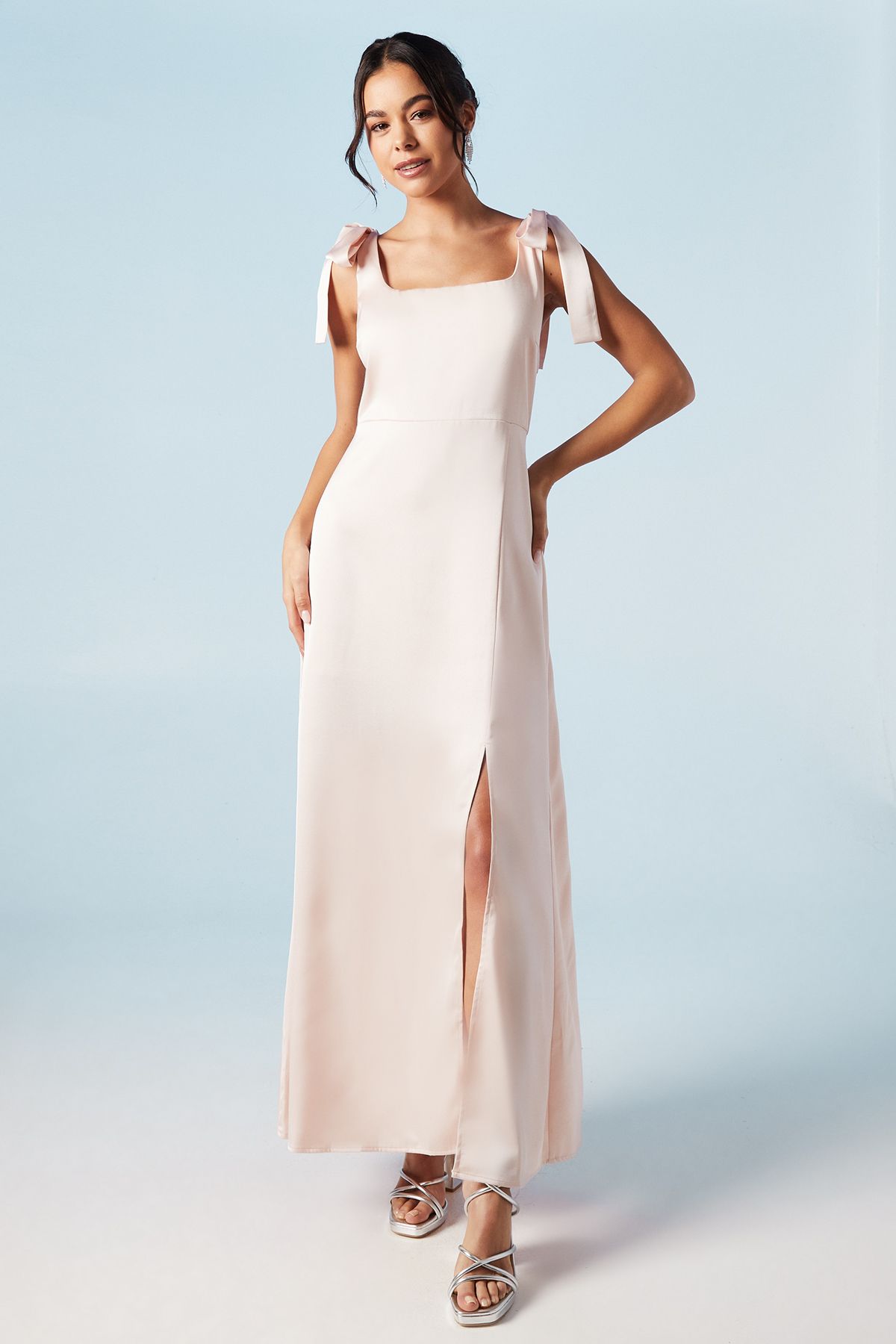 Oasis Satin Tie Shoulder Midi Bridesmaid Dress Blush image 1