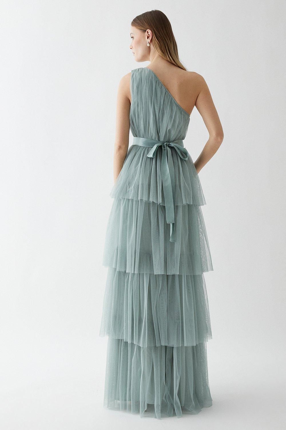 Coast One Shoulder Tiered Mesh Bridesmaids Dress Sage image 3
