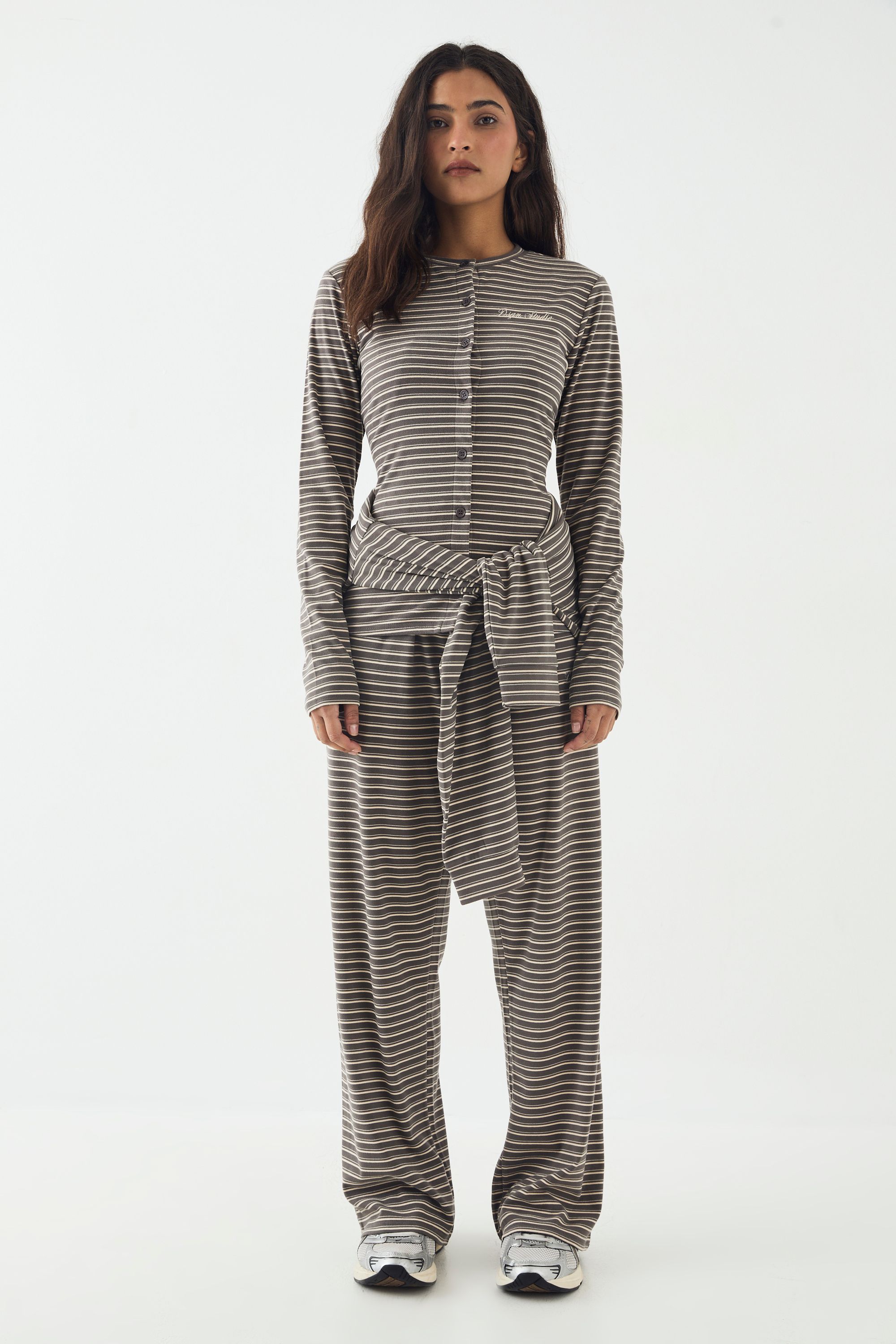DSGN Studio DSGN Studio Stripe Button Through Long Sleeve Top Charcoal image 5