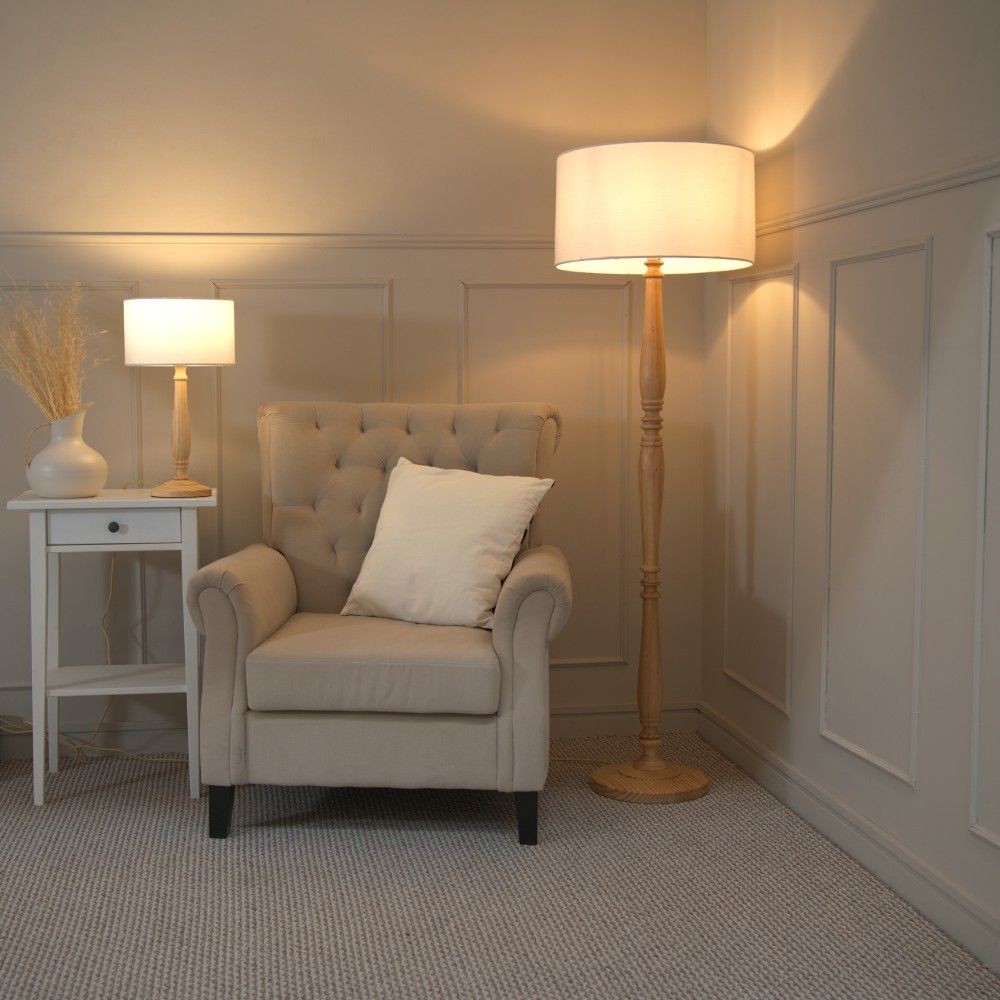 ValueLights Victoria Light Wood Traditional Table Lamp with Fabric Drum Shade and LED Bulb image 4