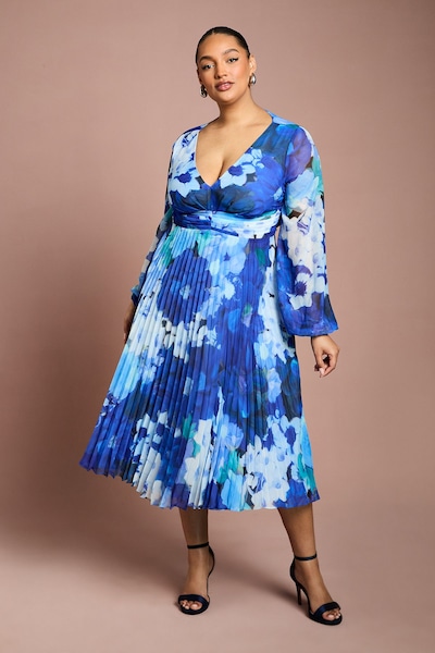 Coast Plus Size Printed Floral Pleated Long Sleeve Midi Dress Cobalt