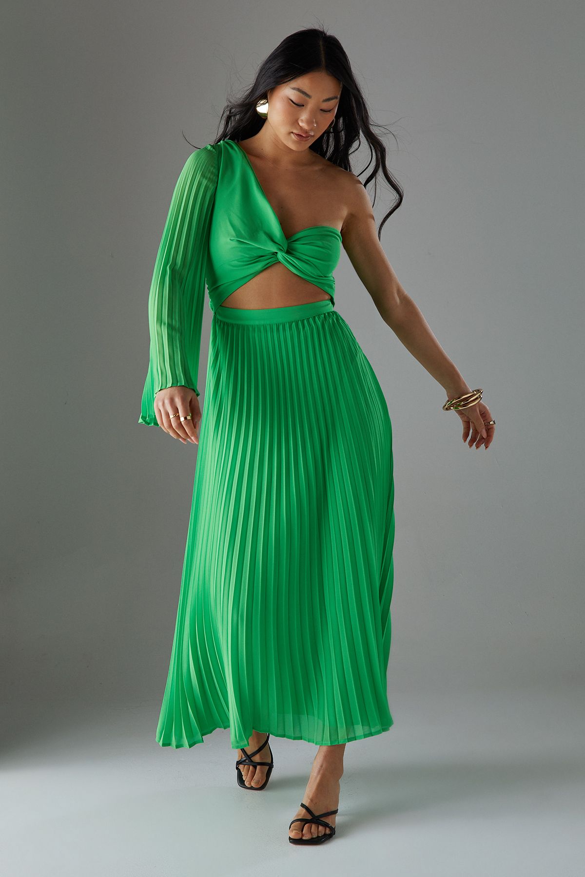 Warehouse Petite Chiffon Pleated One Shoulder Cut Out Midi Dress Bright Green image 1
