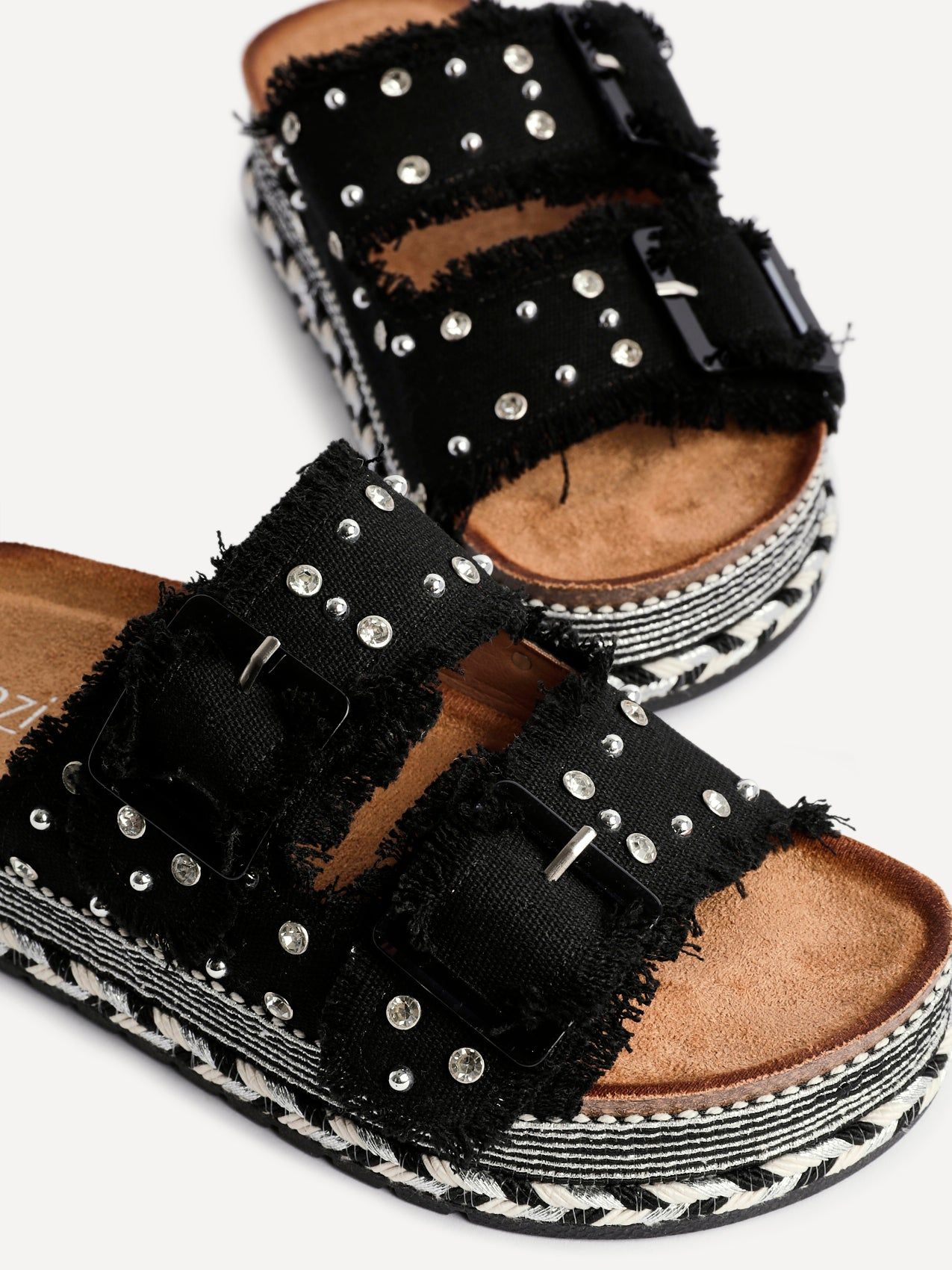 Linzi Bahama Black Diamante Studded Double Buckle Flatform Slider Sandal image 5