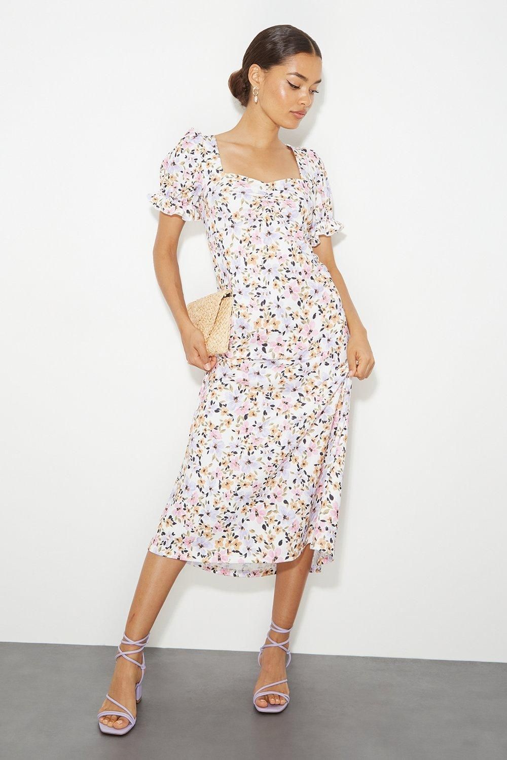 Dorothy Perkins Petite Floral Sweetheart Puff Jersey Midi Dress Floral image 2