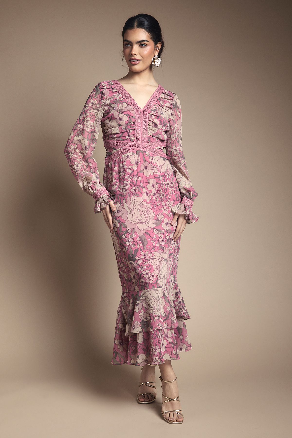 Oasis Tiered Bias Midi Dress Pink