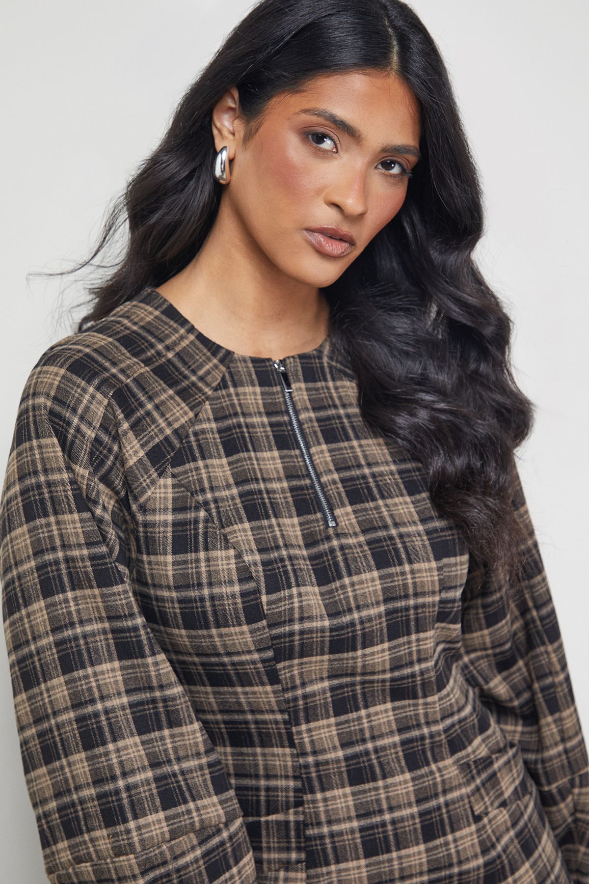 Warehouse Check Structured Seam Zip Front Mini Dress Brown image 4