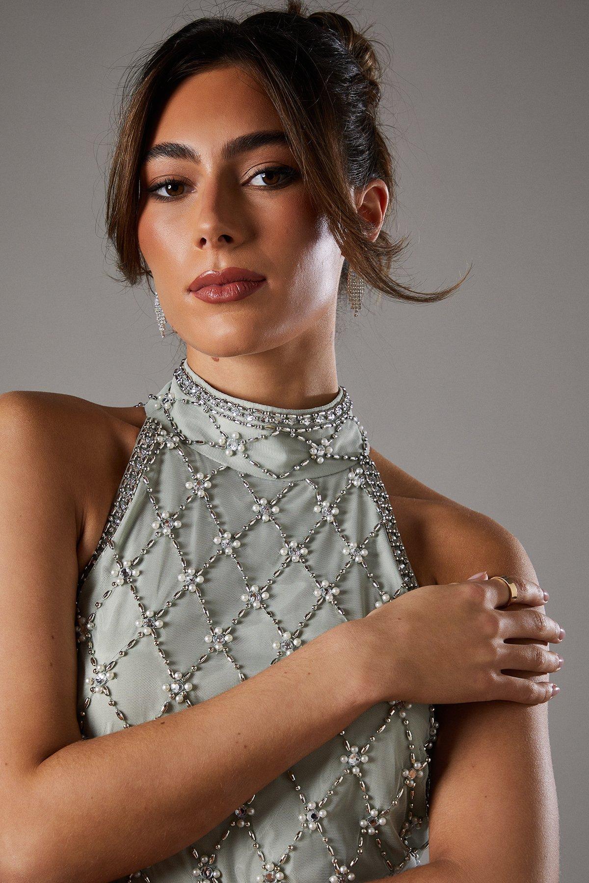 Coast All Over Embellished High Neck Dress Sage image 2