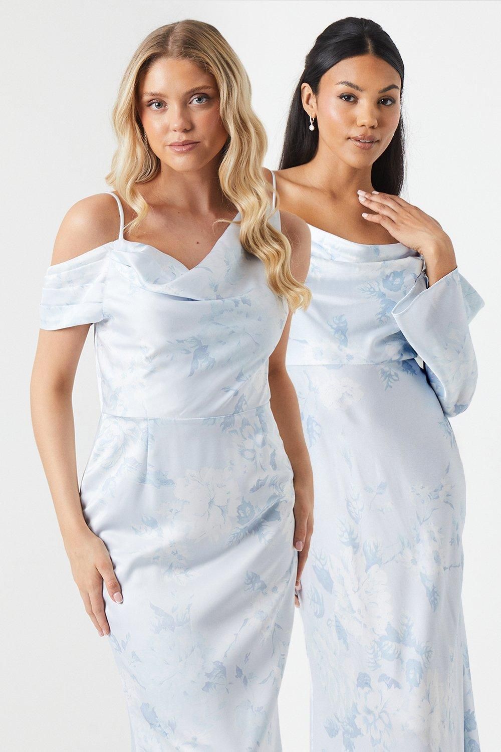 Coast Printed Asymmetric Sleeve Bridesmaid Dress Blue