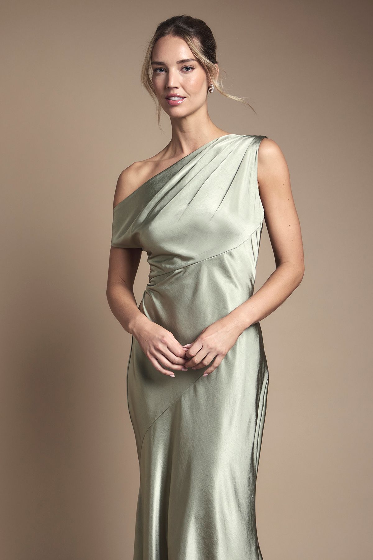 Coast Satin Off One Shoulder Slinky Bridesmaid Fishtail Maxi Dress Olive image 2
