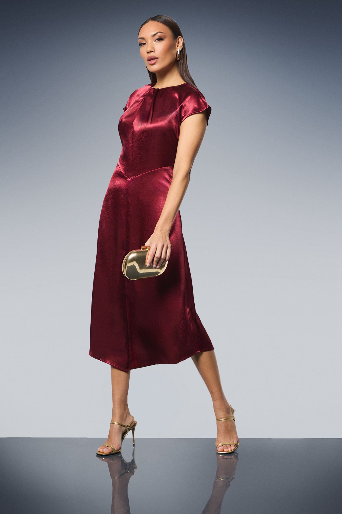 Principles Red Twist Neck Asymmetric Hem Satin Midi Dress Red image 1