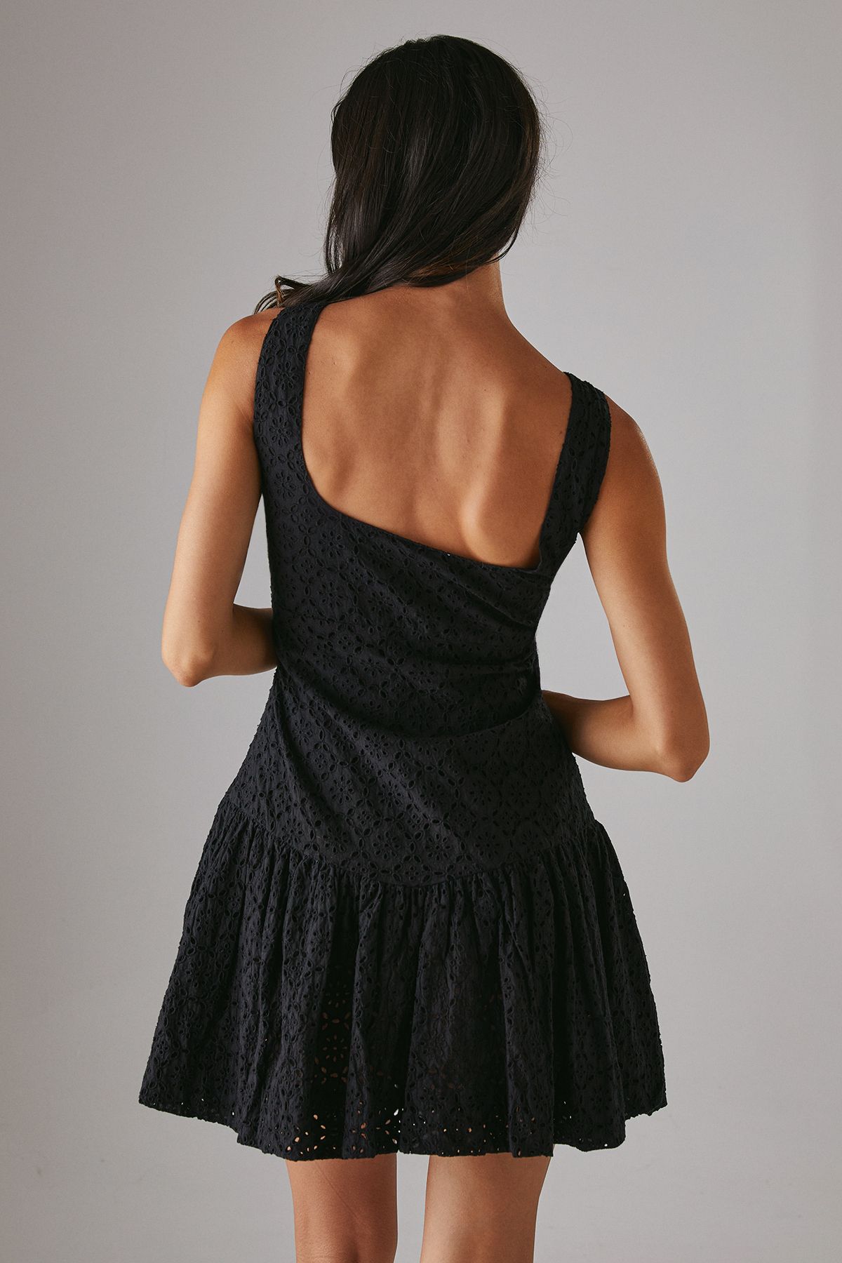 Warehouse Broderie Puff Ball Mini Dress Black image 3