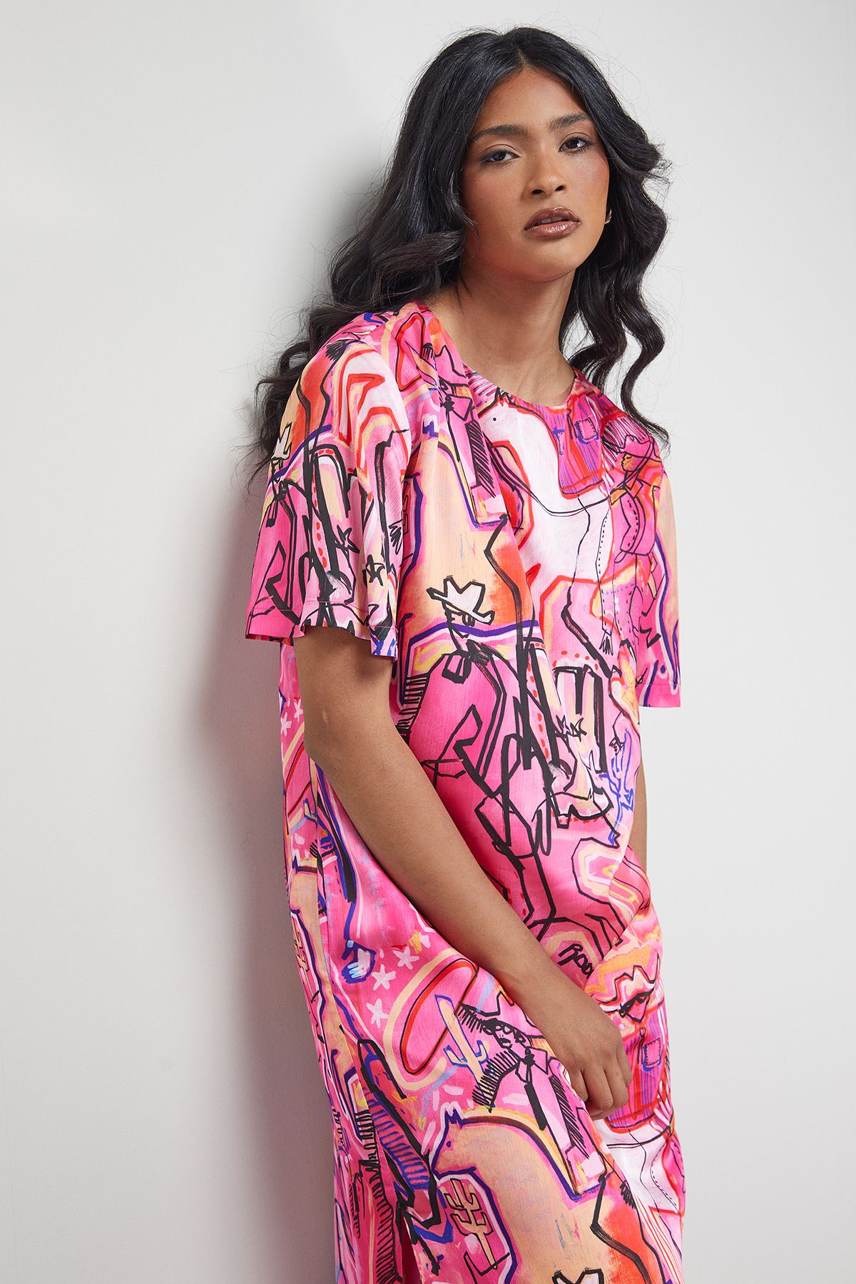 Warehouse Tony Satin Oversized T-Shirt Midi Dress Multi image 3