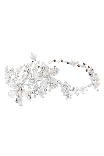 Jon Richard Lila Silver Floral Crystal And Pearl Hair Vine - Gift Pouch