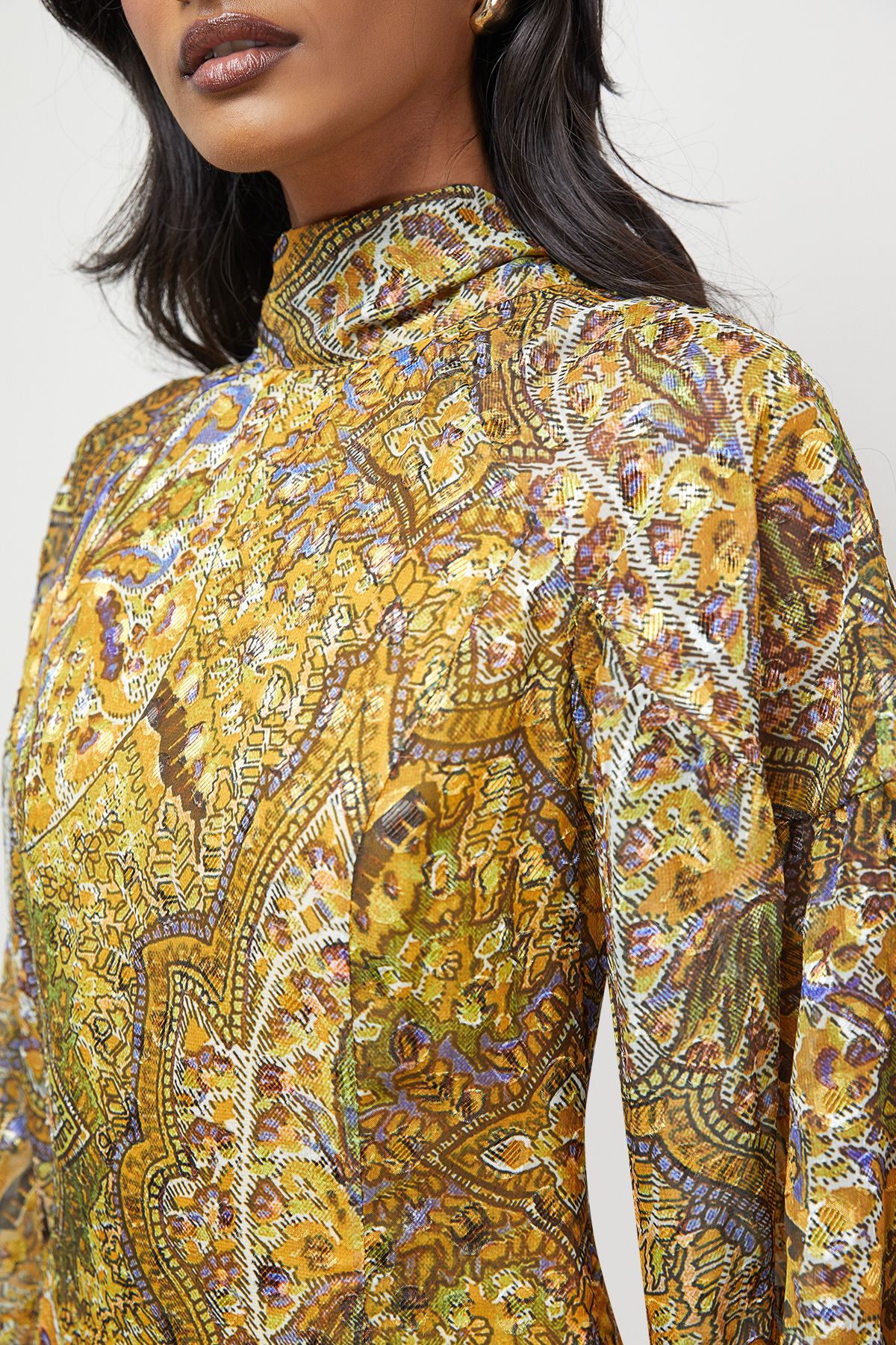 Warehouse Paisley Burnout Spot High Neck Godet Midi Dress Mustard image 5