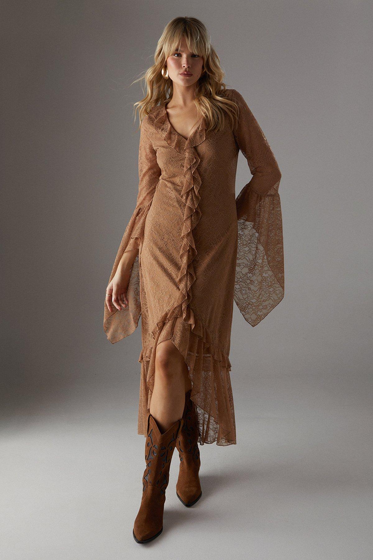 Warehouse Lace Button Through Ruffle Maxi Dress Tan image 1