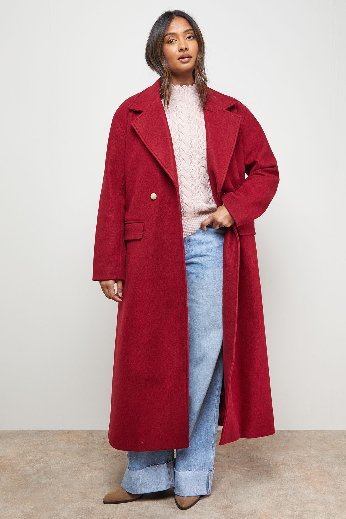 Oasis Tie Belt Detail Midi Coat Red image 1