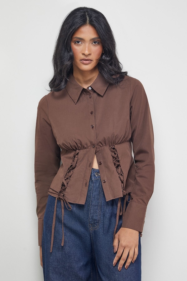 Warehouse Cotton Lattice Front Fitted Waist Shirt Chocolate