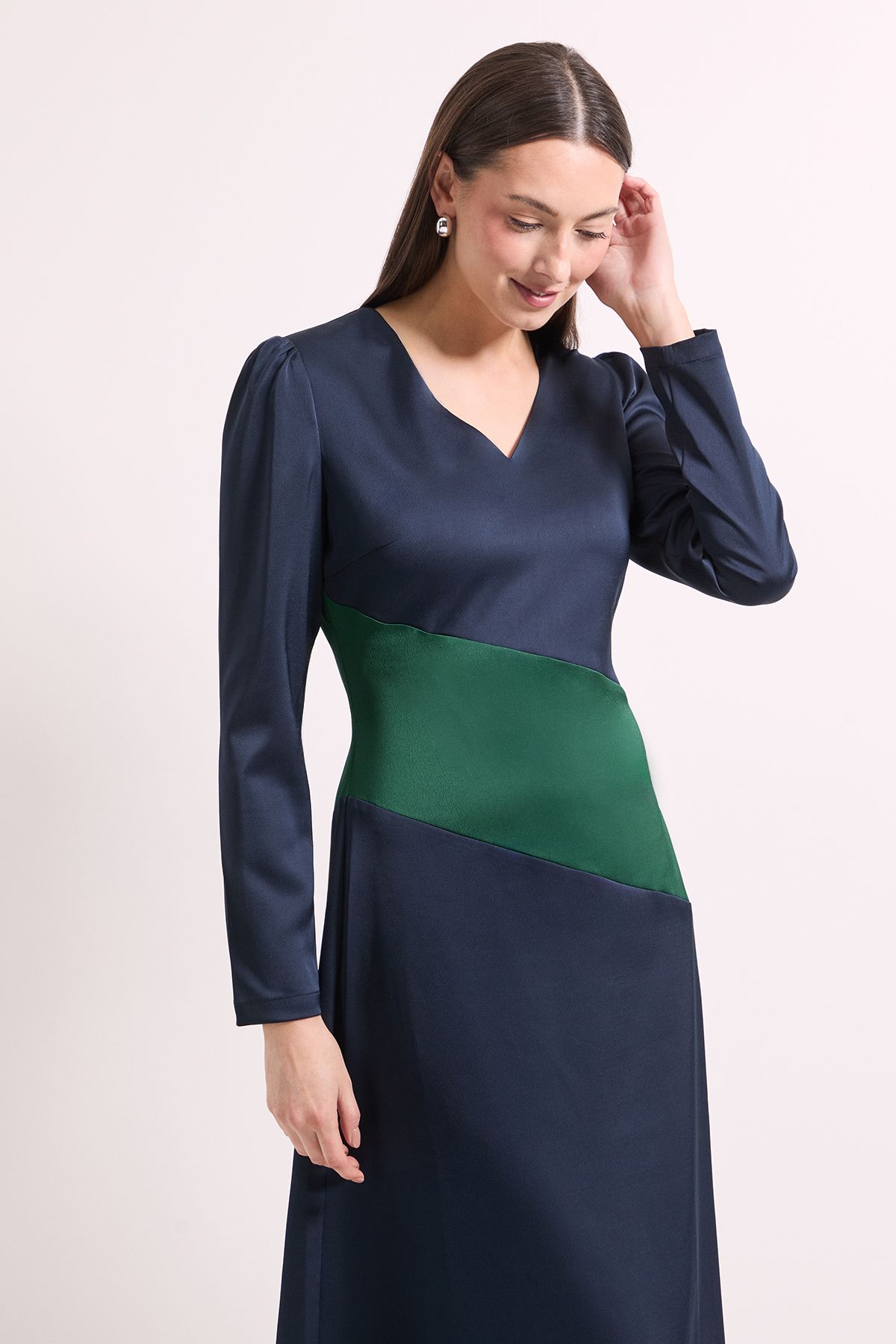 Principles Colour Block Satin Crepe Fit & Flare Midi Dress Navy image 2