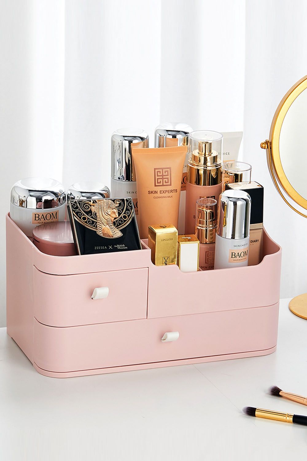 SHEONLY Plastic Makeup Organizer Storage Box Desktop with 2 Drawers image 1