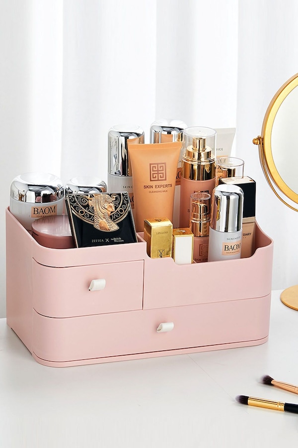 SHEONLY Plastic Makeup Organizer Storage Box Desktop with 2 Drawers