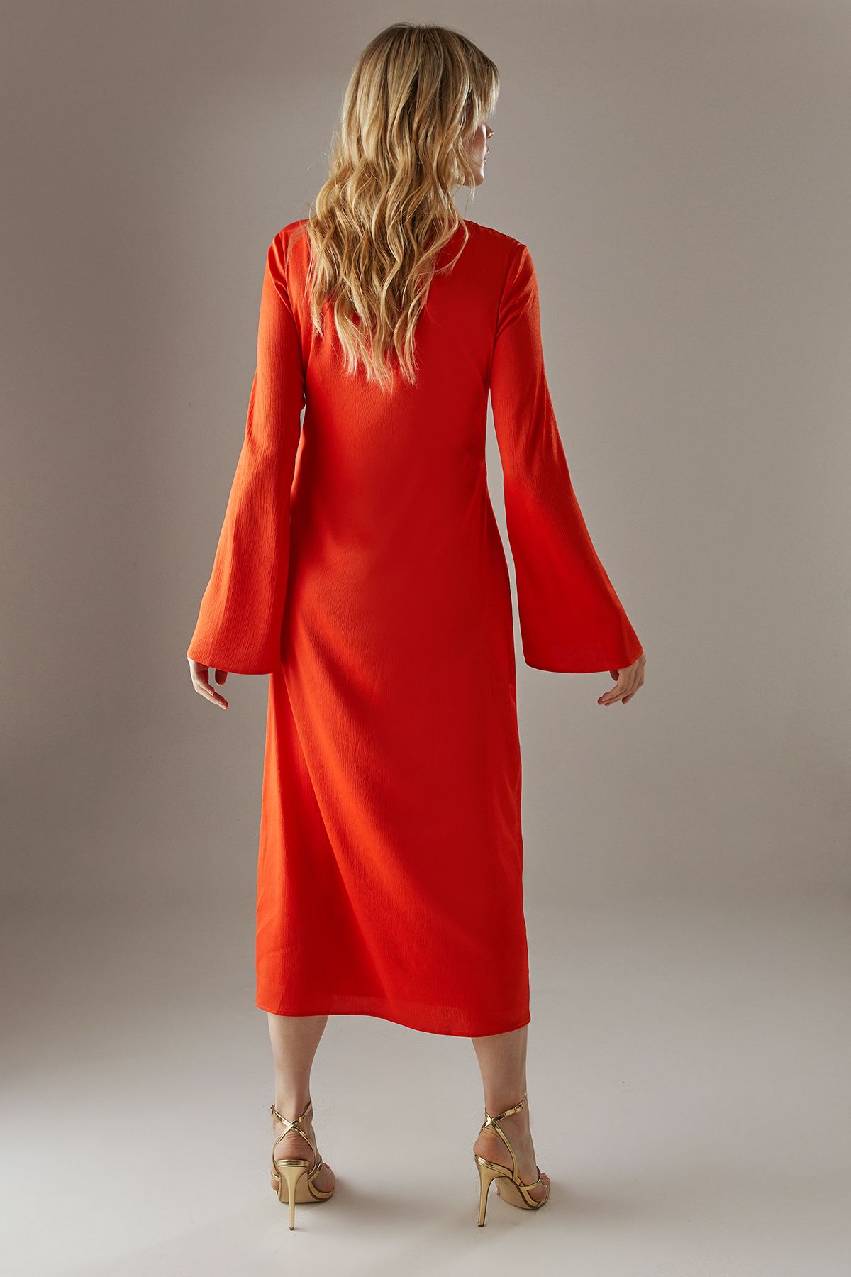 Warehouse Crinkle Satin Ruched Front Column Midi Dress Orange image 3