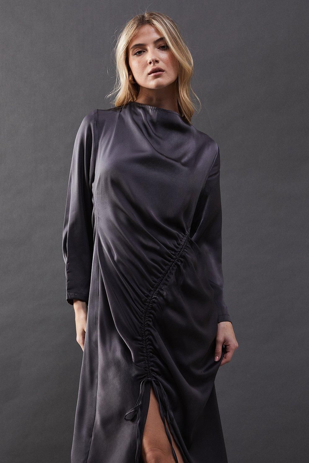 Warehouse Satin Drawstring Detail Midi Dress Charcoal image 2