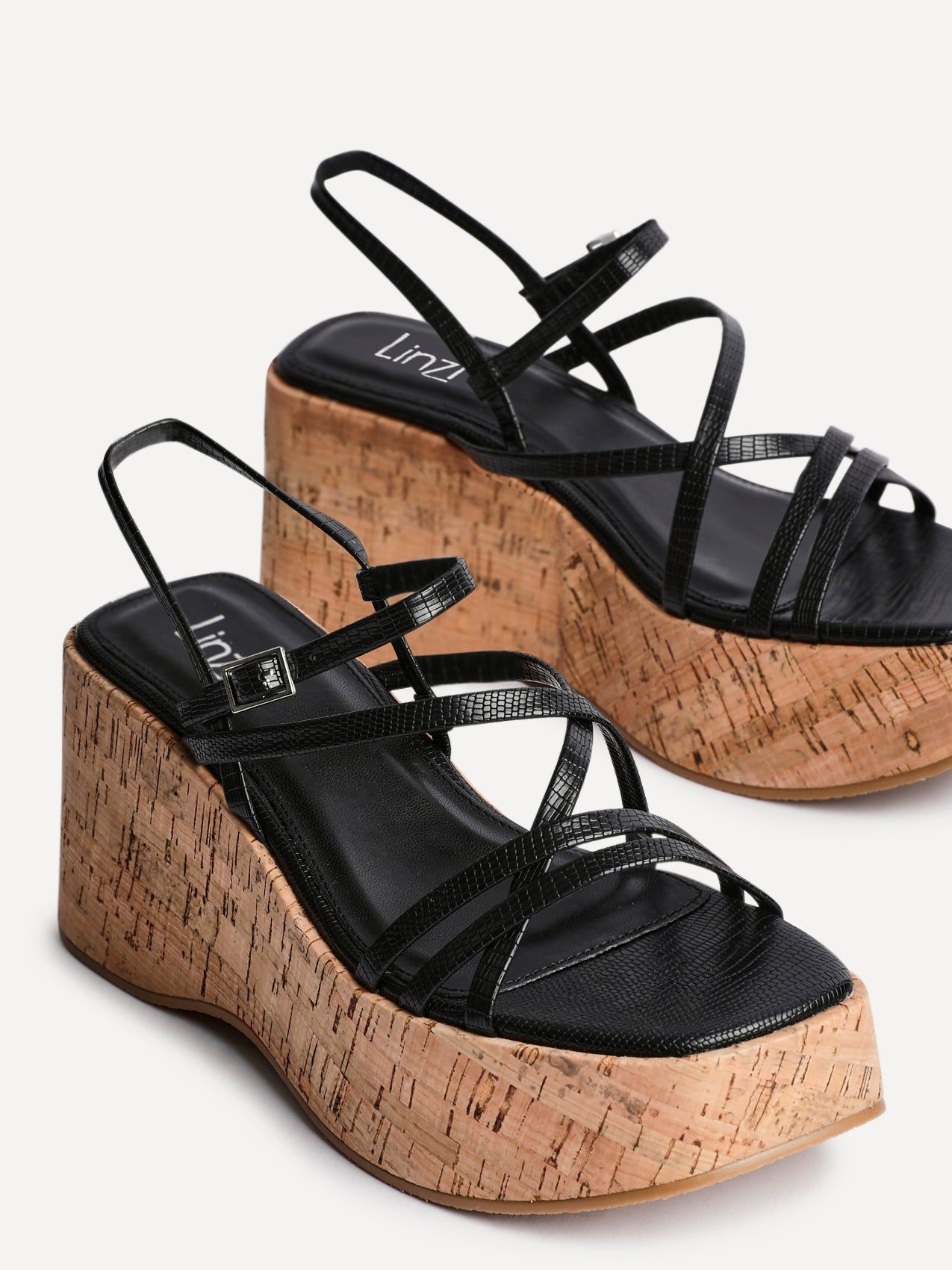 Linzi Orbit Black Faux Lizard Strappy Cork Flatform Sandal image 4