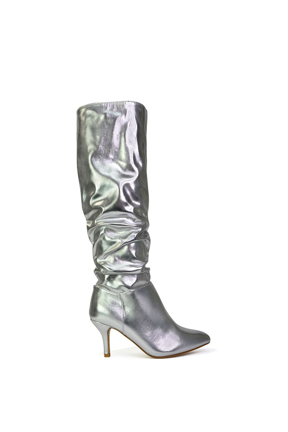 XY London 'Sian' Ruched Knee High Pointed Mid Stiletto Heel Boots