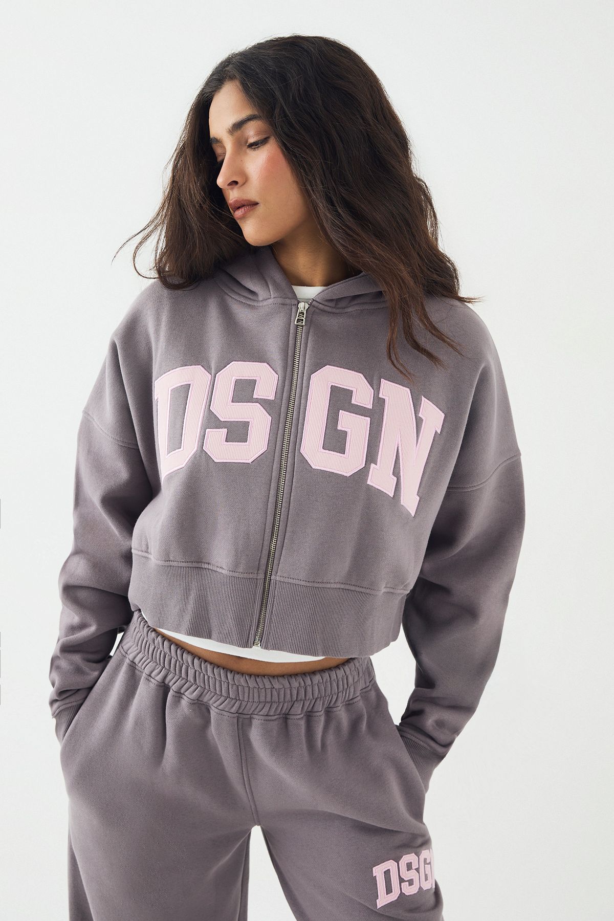 DSGN Studio DSGN Studio Cord Applique Boxy Crop Zip Through Hoodie Mauve image 1