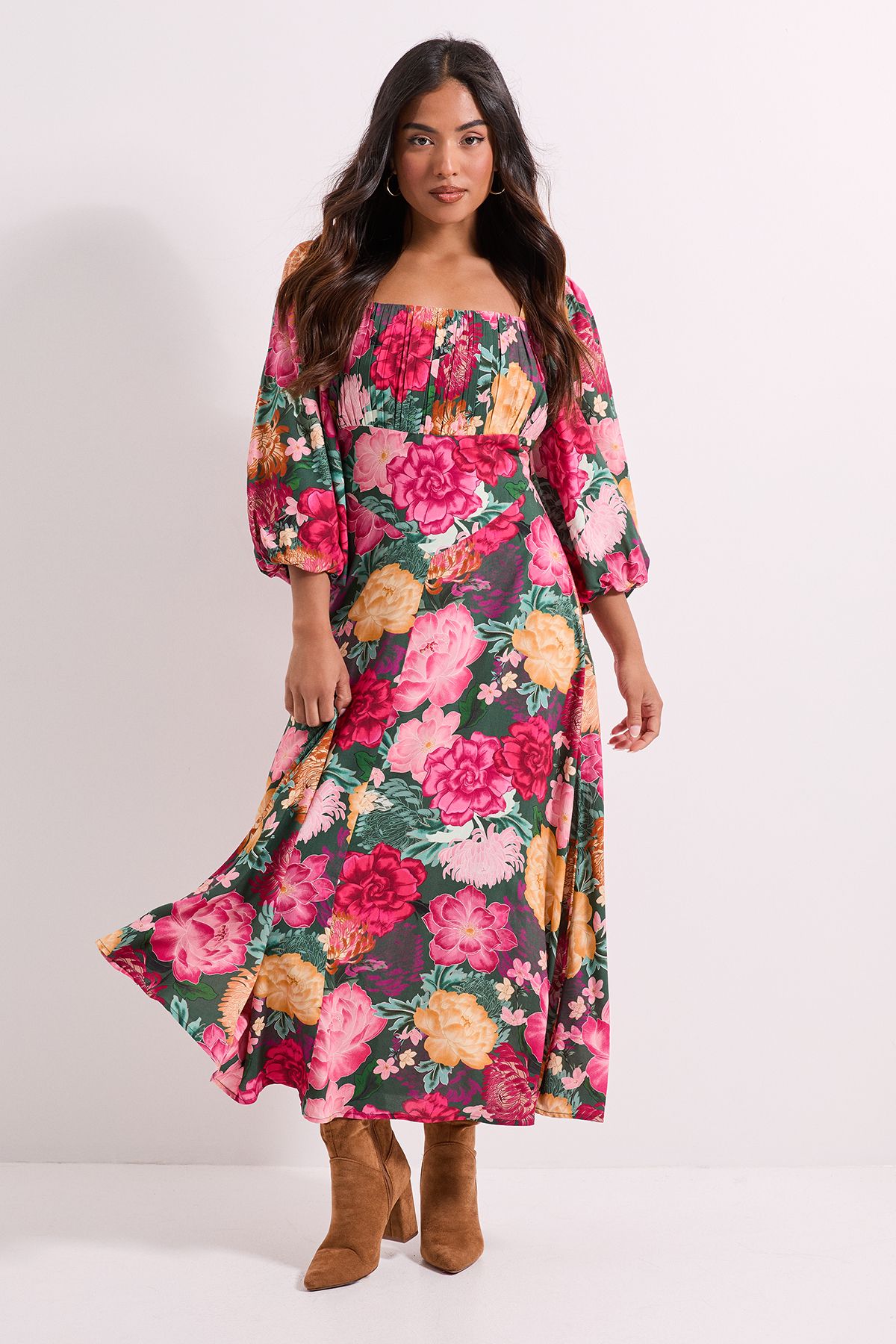 Dorothy Perkins Petite Ruched Bust Drop Waist Midi Dress Floral image 1