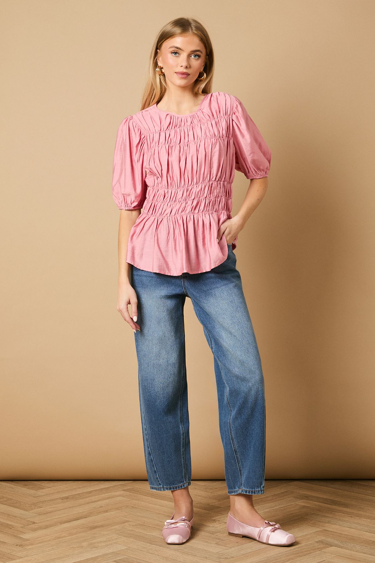 Oasis Shirred Bodice Puff Sleeve Top Pink image 1