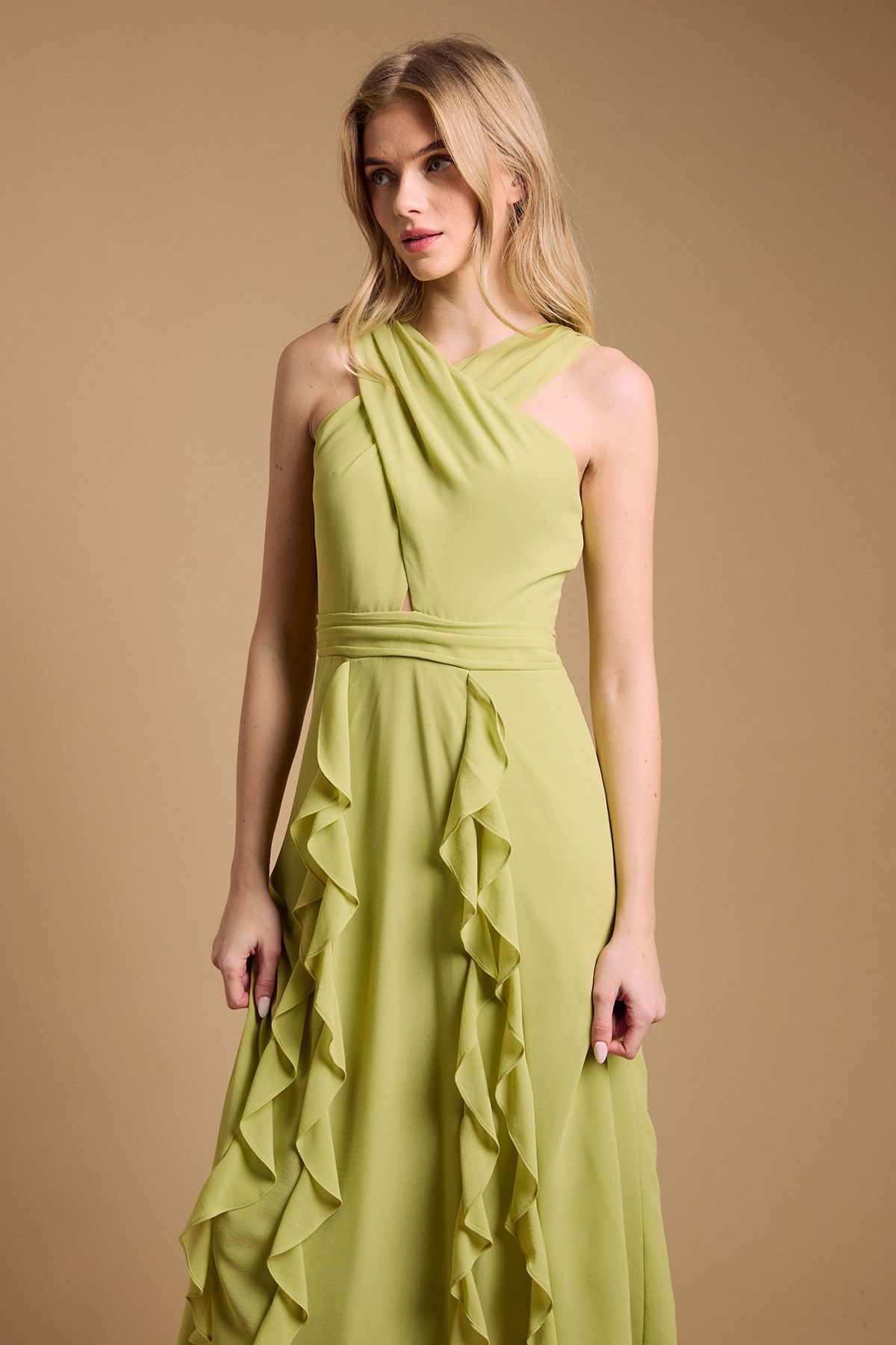 Oasis Halter Neck Ruffle Maxi Dress Chartreuse image 4