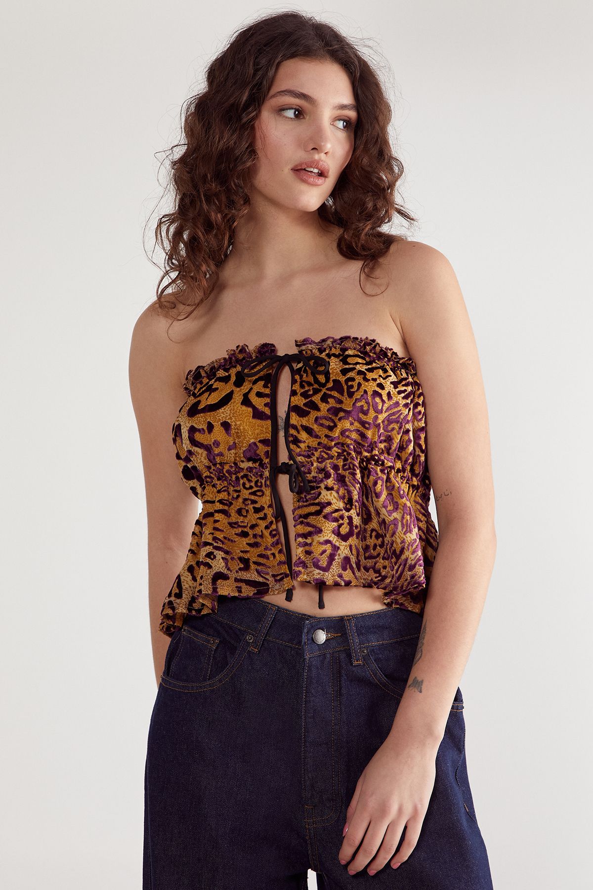 NastyGal Leopard Devore Contrast Tie Bandeau Ruched Top Mustard image 1