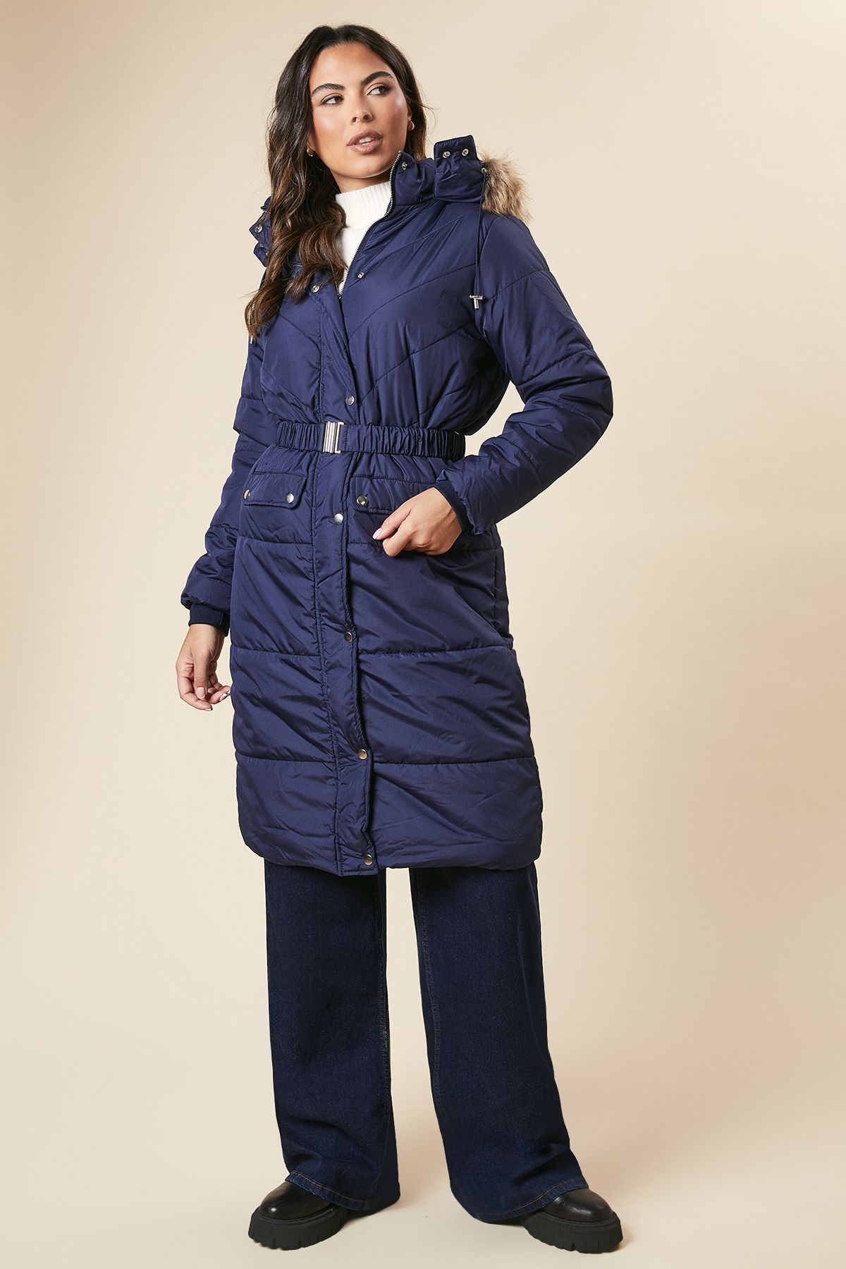 Dorothy Perkins Midi Luxe Padded Belted Coat Navy image 1