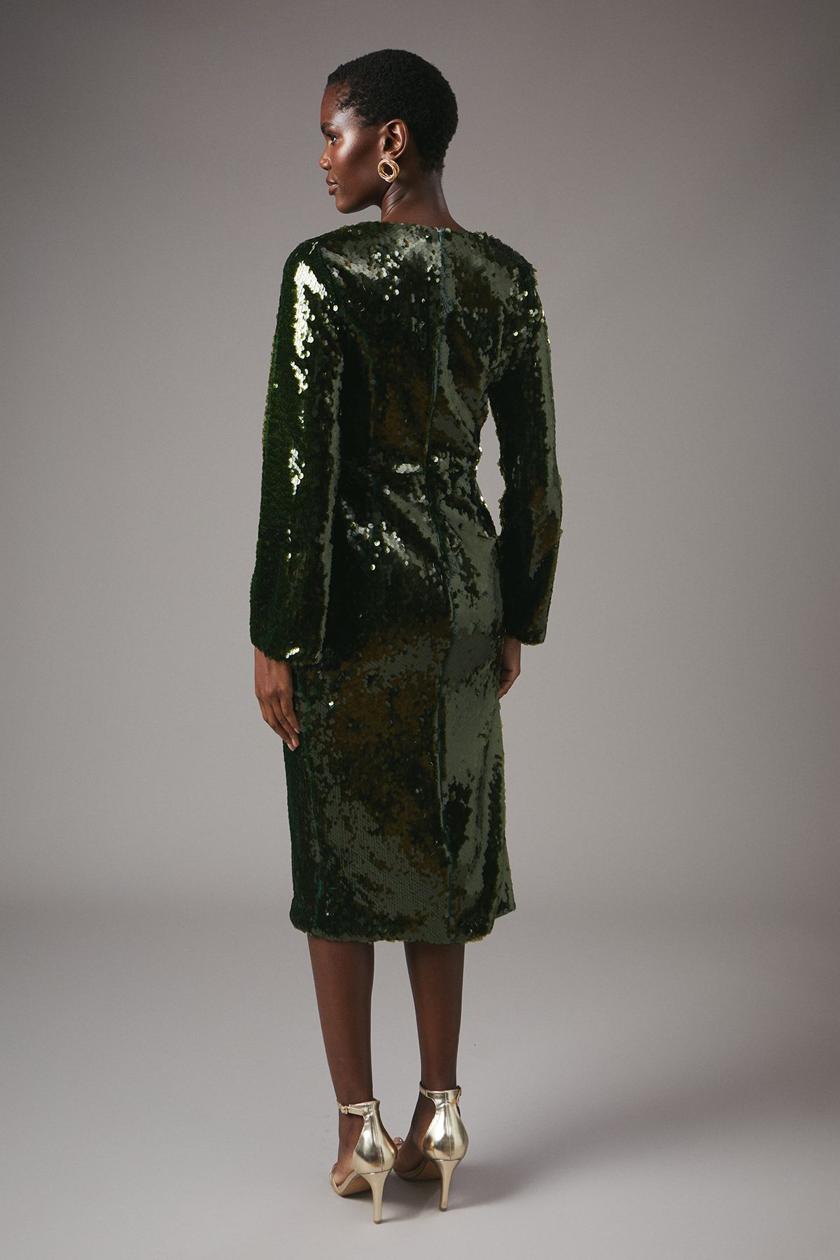 Coast Party Sequin Long Sleeve Pencil Dress With Square Neck Olive image 3