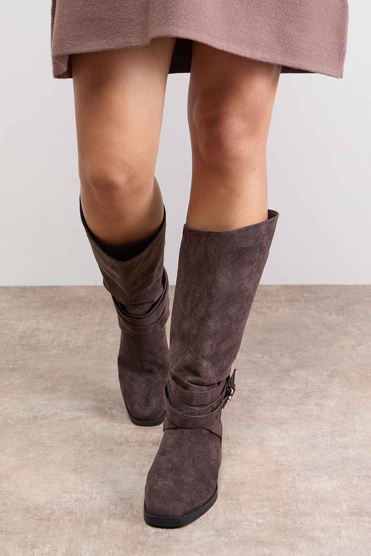 Oasis Ava Faux Suede Mid-Calf Buckle Boots Dark Brown image 3