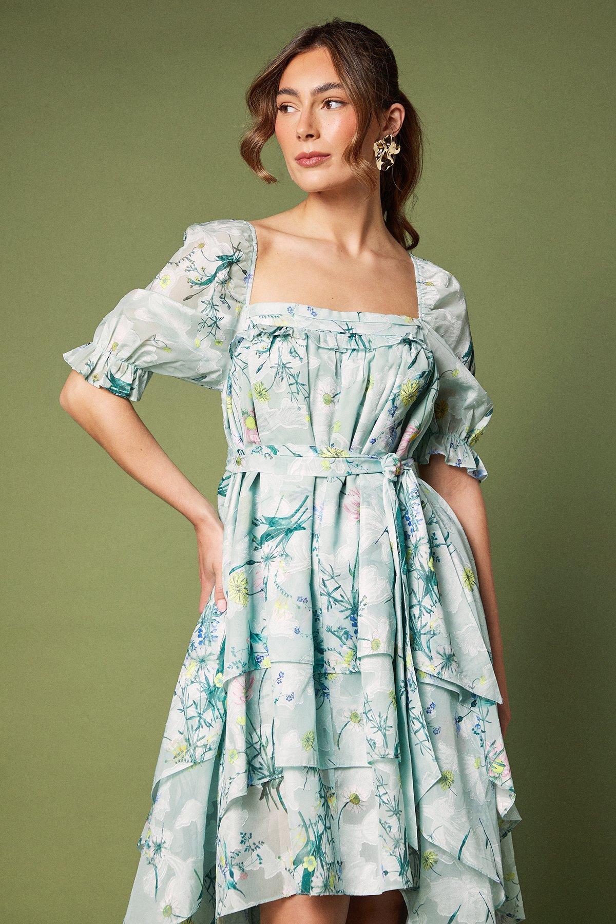 Coast Short Puff Sleeve Printed Chiffon High Low Hem Dress With Tiers Green image 2