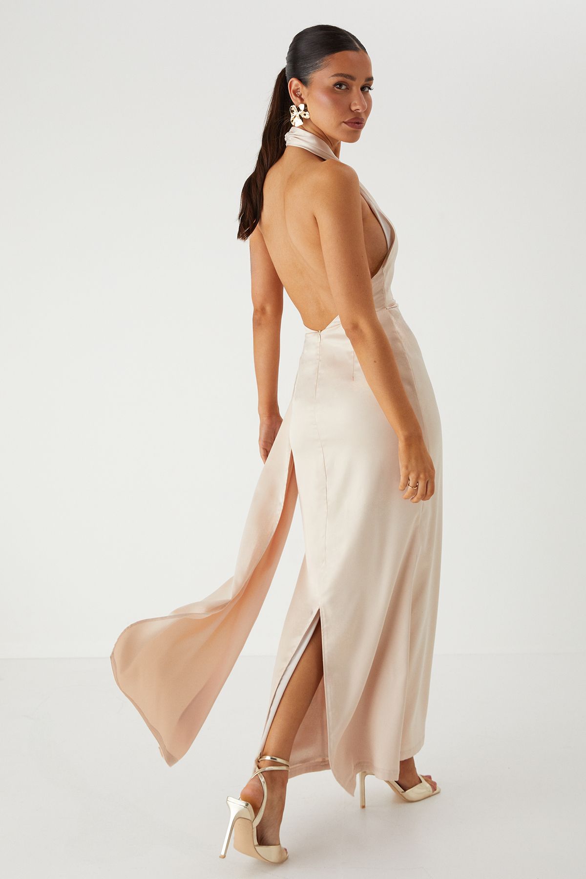 MissPap Satin Halterneck Draped Side Maxi Dress Champagne image 3