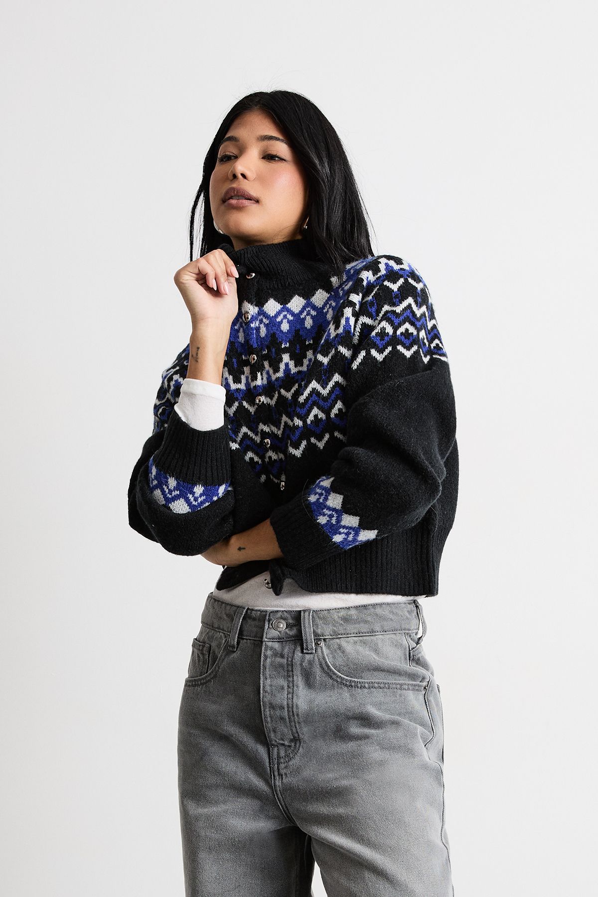 Warehouse Fairisle High Neck Chunky Knit Cardigan Black