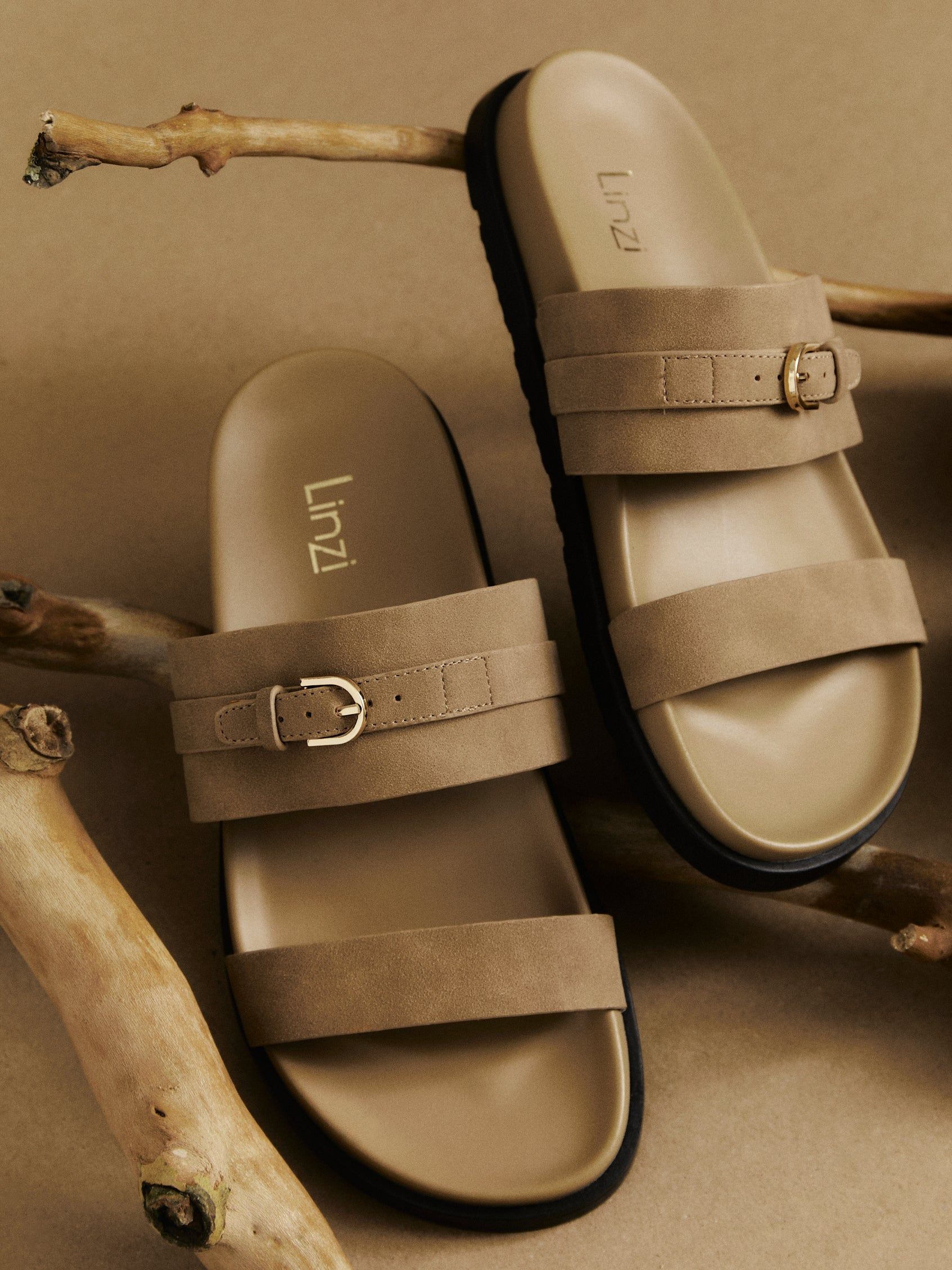 Linzi Ezra Taupe Nubuck Flat Slider Sandals image 2