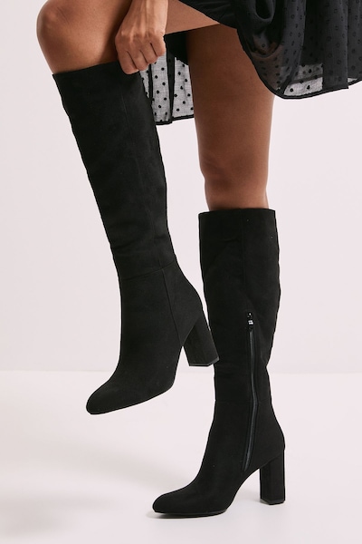 Dorothy Perkins Wide Fit Liliana Almond Toe High Block Heel Knee Boots Natural Black