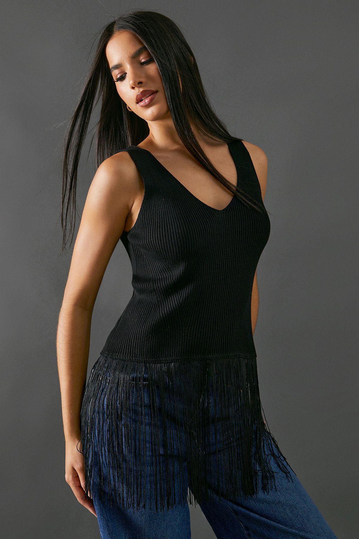 Warehouse Sleeveless Fringed Vest Black image 4