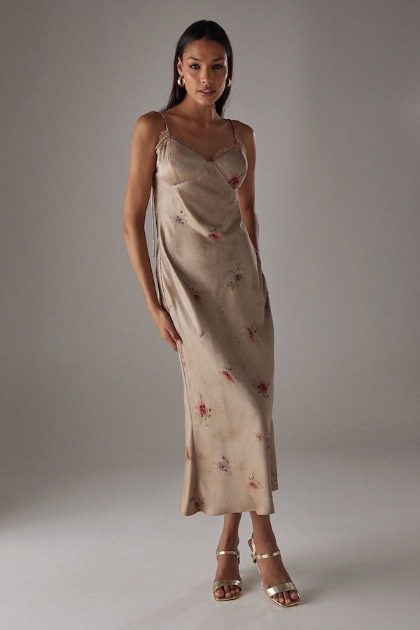 Warehouse Rose Satin Tie Strap Lace Detail Midi Slip Dress Floral