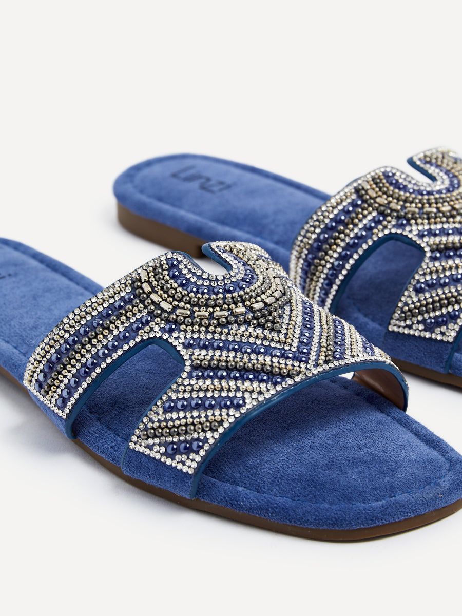 Linzi Indira Cobalt Blue Suede Aztec Design Embellished Slider Sandal image 4