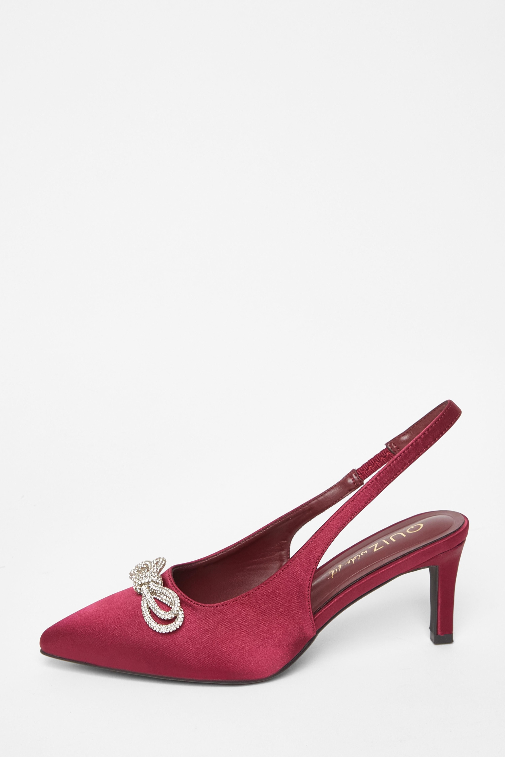 Quiz Burgundy Wide Fit Diamante Bow Court Heels image 3