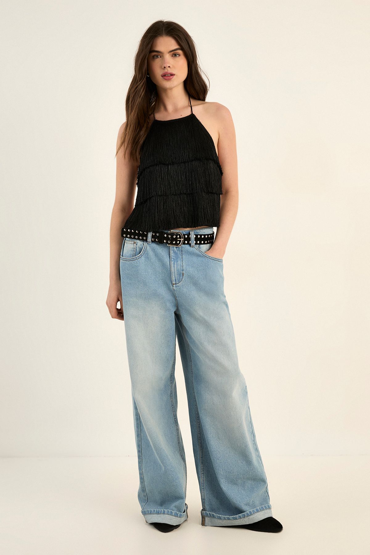 NastyGal Fringe Halter Neck Top Black image 2